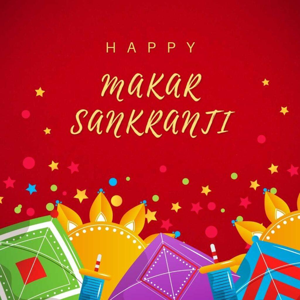 Red happy makarsankranti wish image with green, red srtipe and violet kite design
