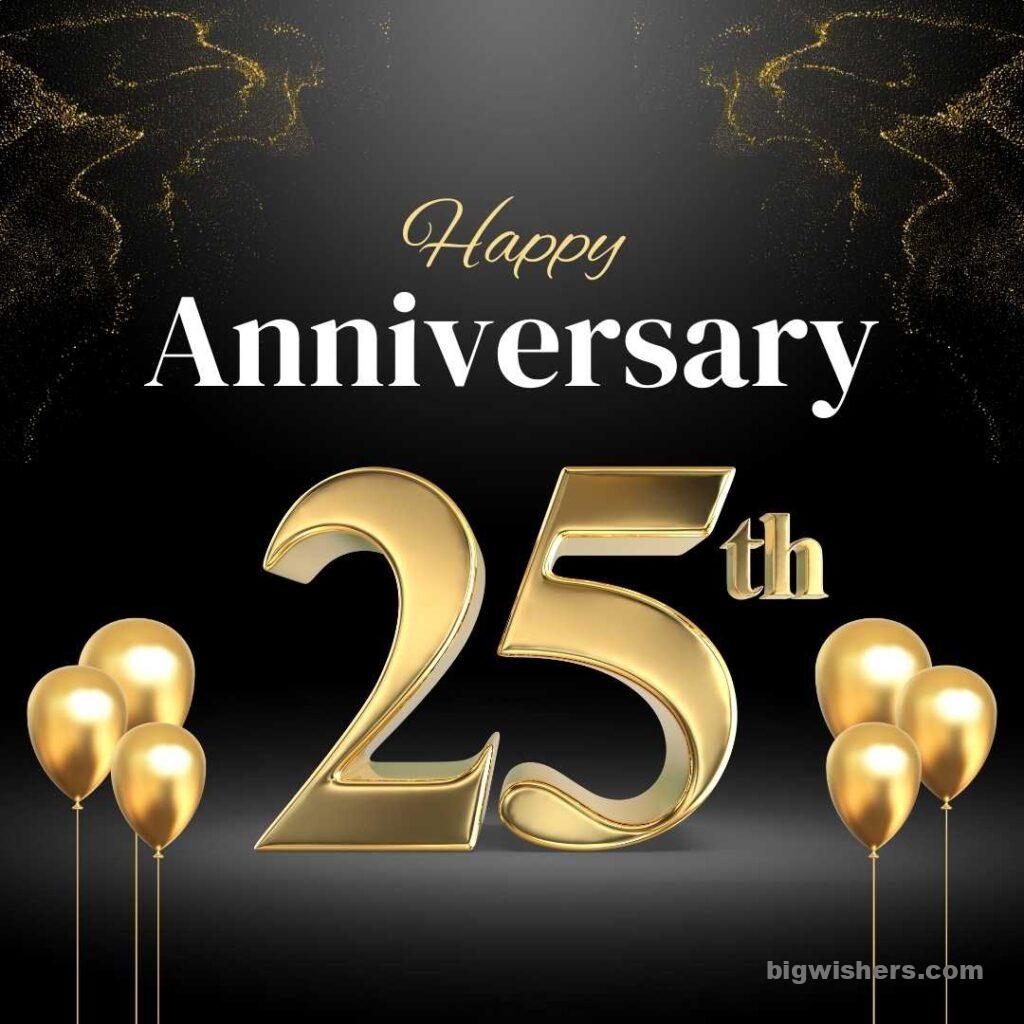 Black background with golden balloon written happy anniversary 25th