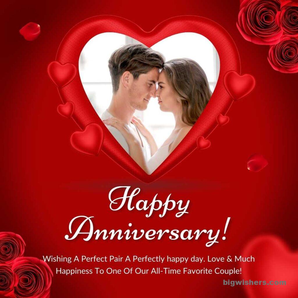 Couple photo inside red heart symbol written happy anniversary