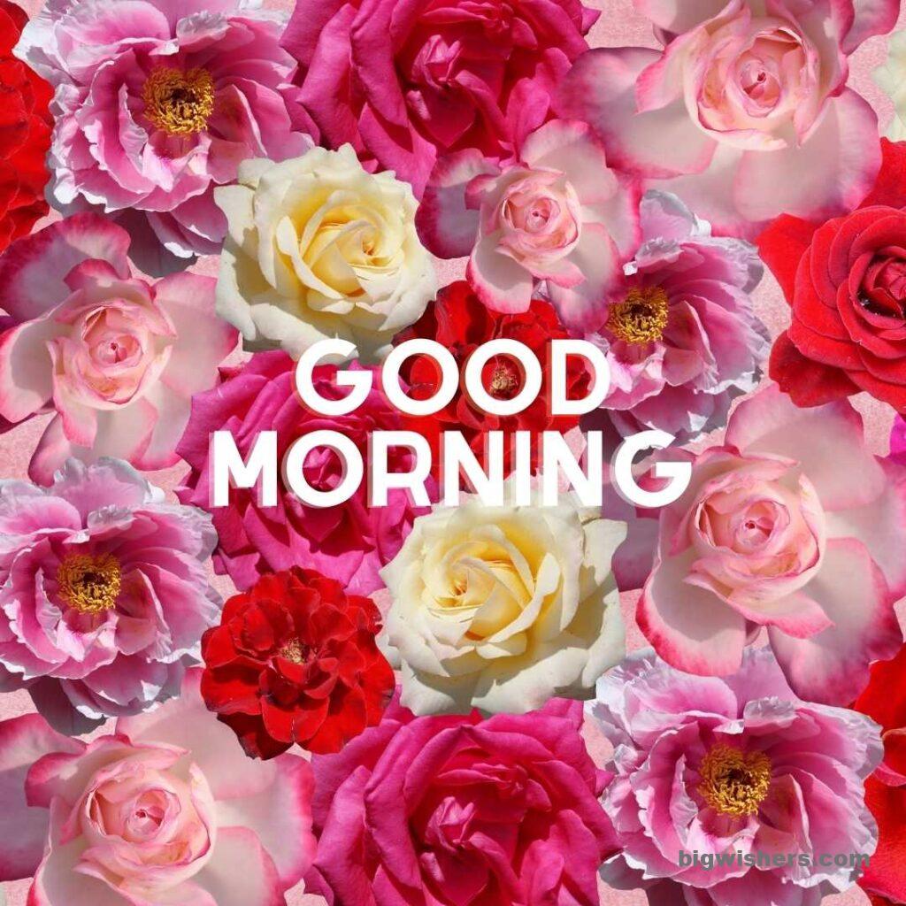 Colourful rose flower with good morning message