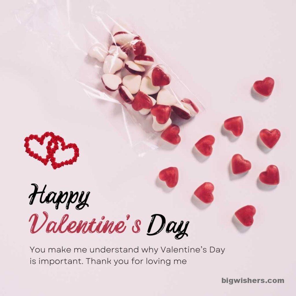 Multiple red hearts with written Happy Valentines Day and beautiful message you make me understnad why Valentines Dya is important, Thank you for loving me.