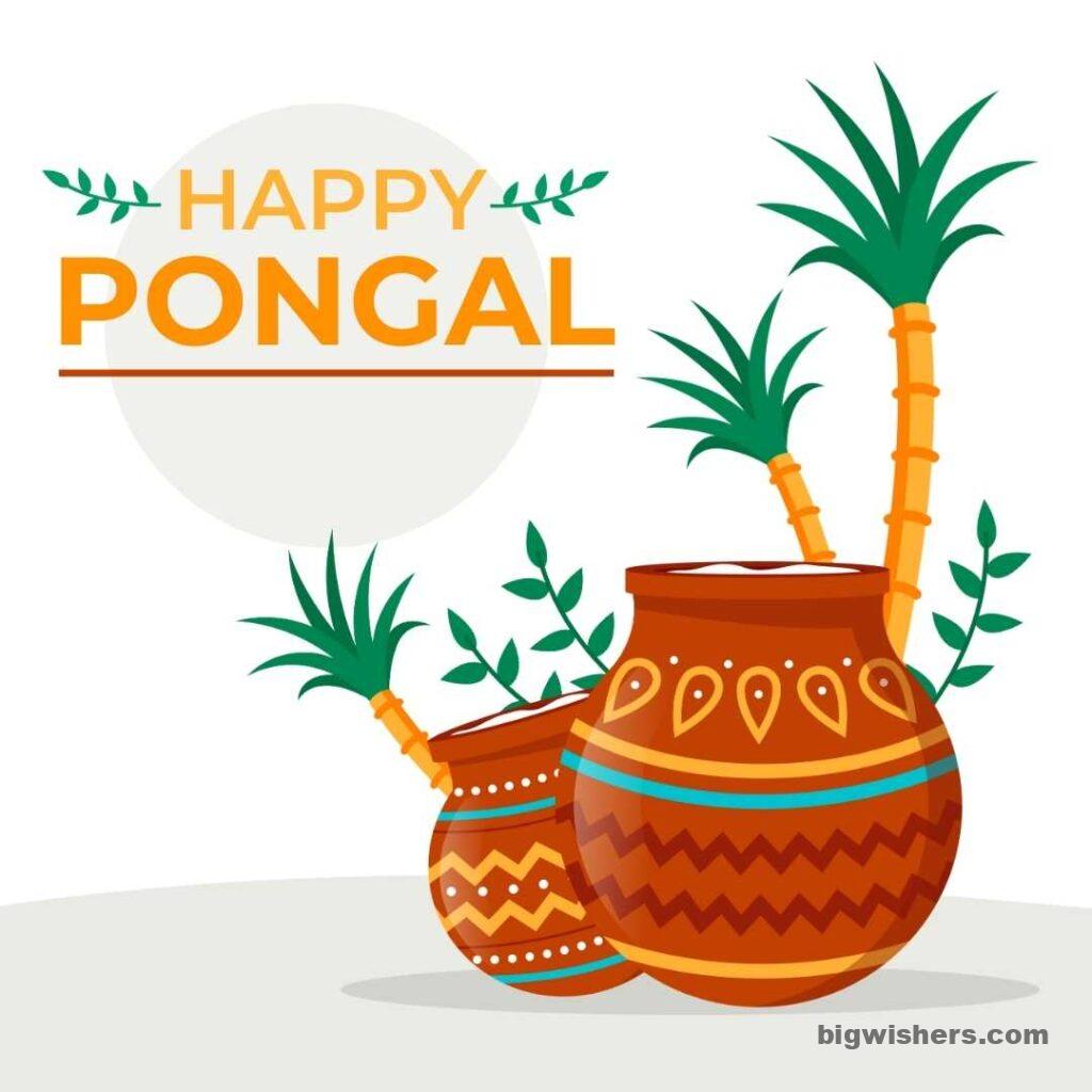 Pot with sugarcane on top written happy pongal