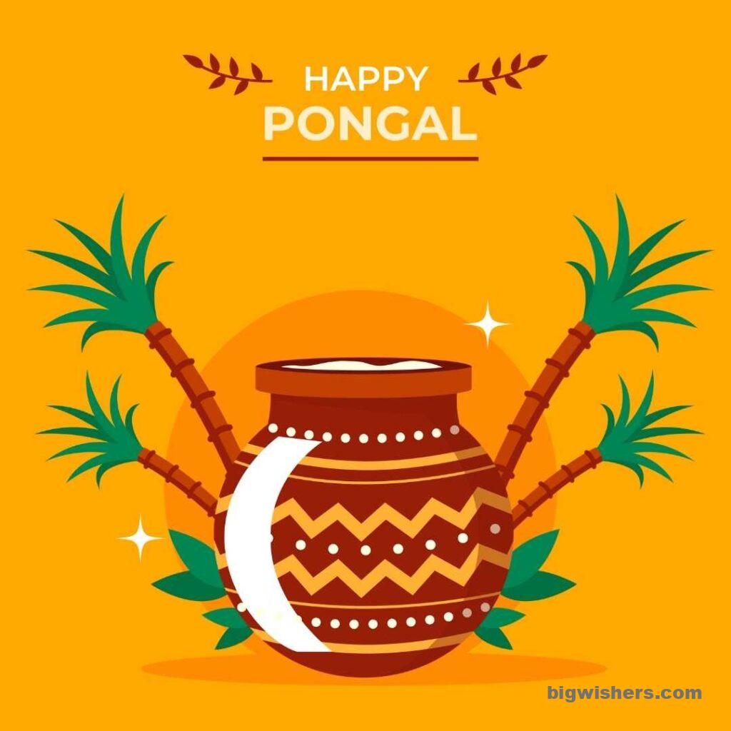 Pot with sugarcane tree on top written happy pongal