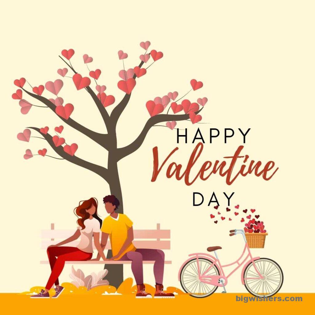 Couples sitting under the tree with pink heart leafs happy valentines day