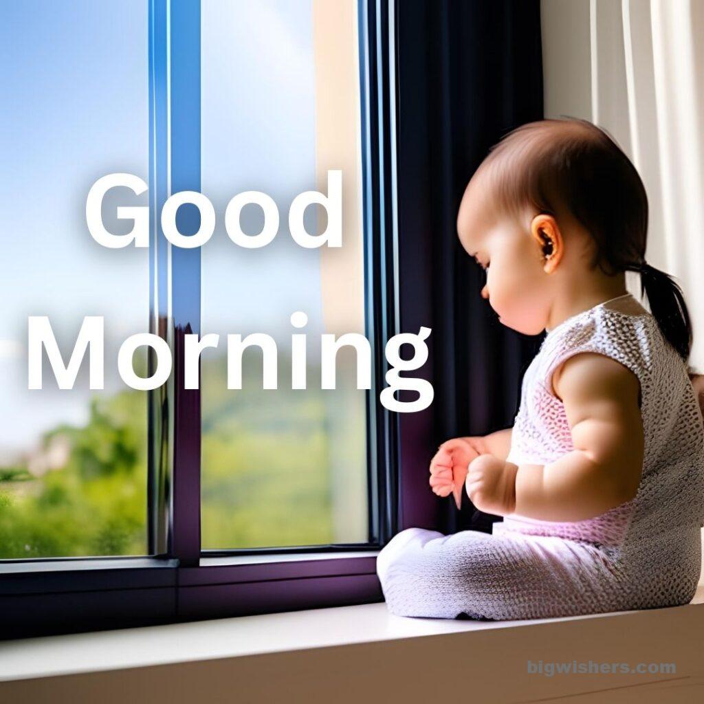 Cute baby girl sitting infront of windows with written good morning