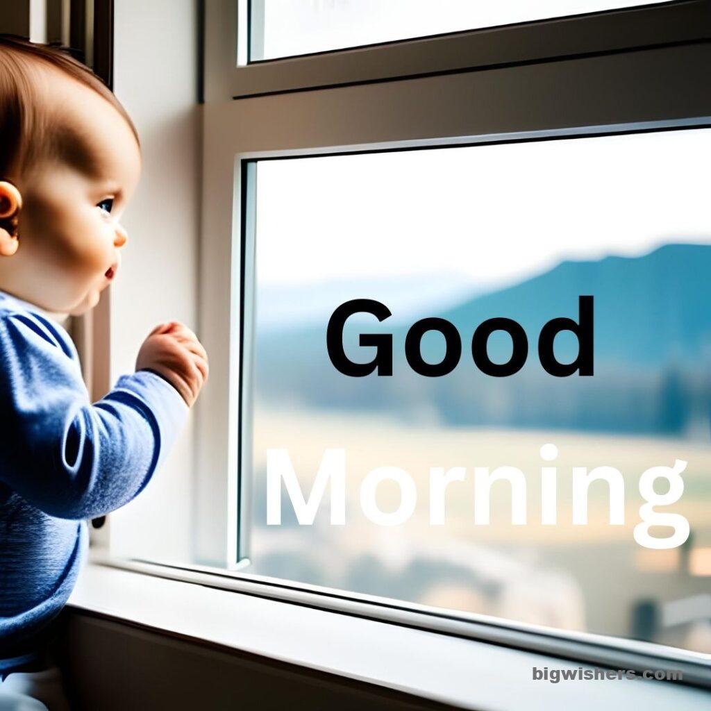 Cute baby sitting infront of windows look at good morning
