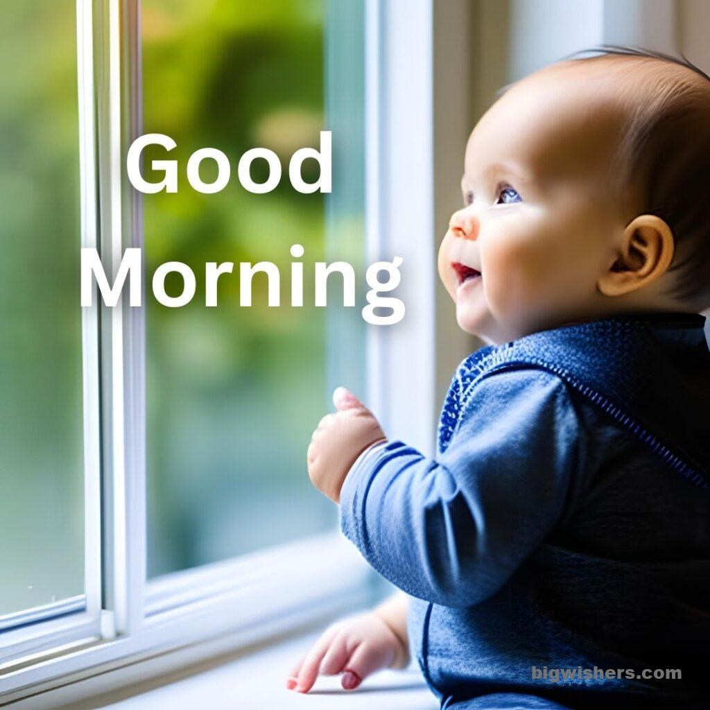 Cute baby sitting infront of windows look outside and written good morning