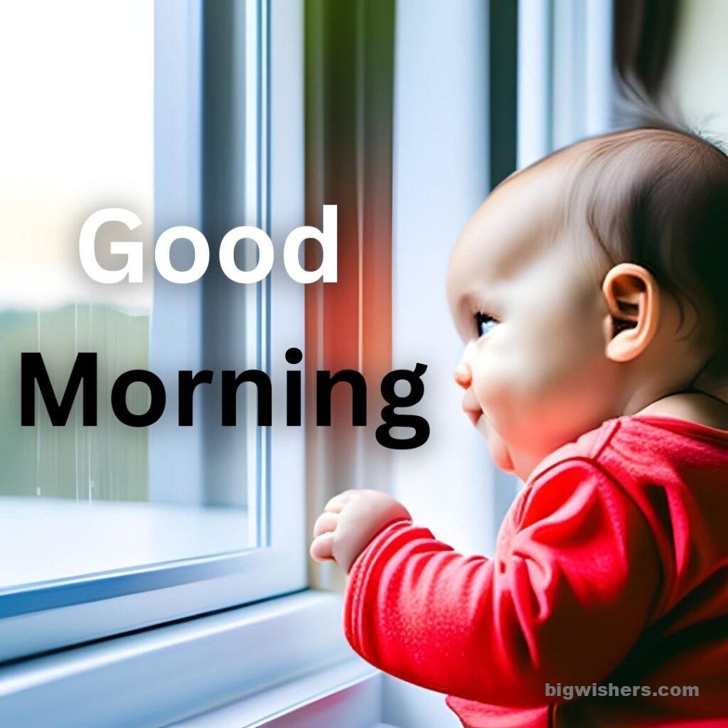 Cute baby with red shirt infront of windows look outside and written good morning