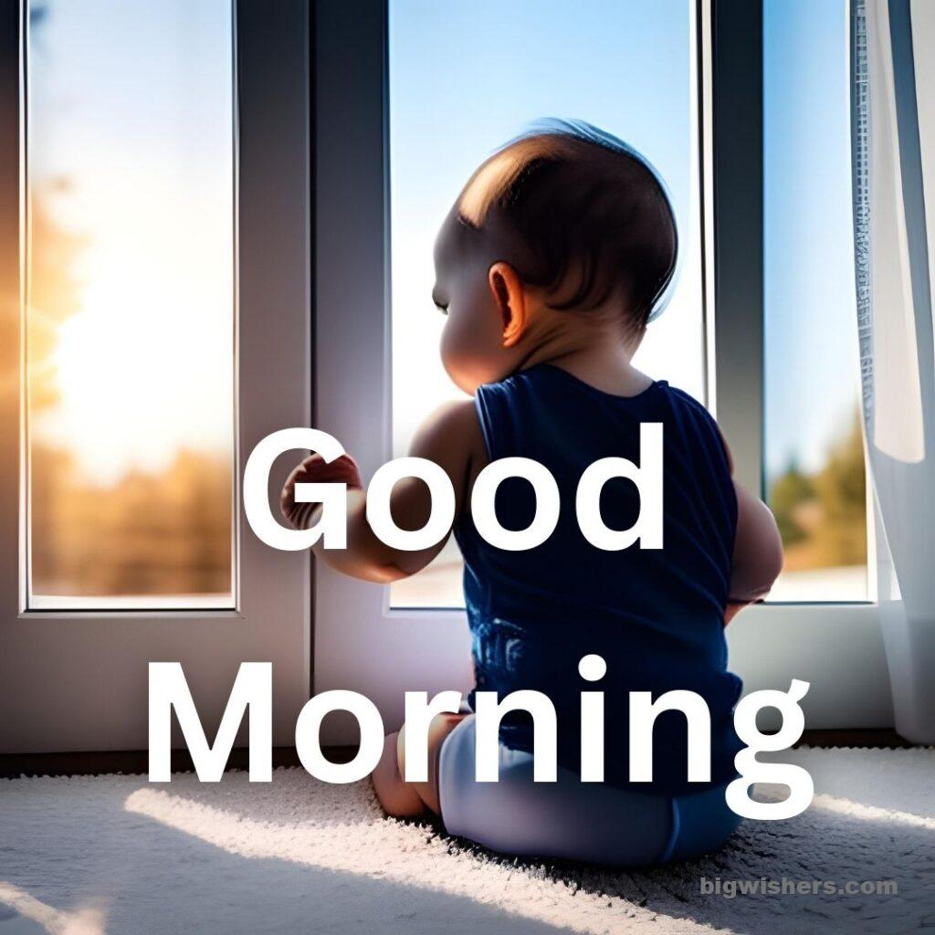 Cute baby with blue shirt infront of windows look outside and written good morning