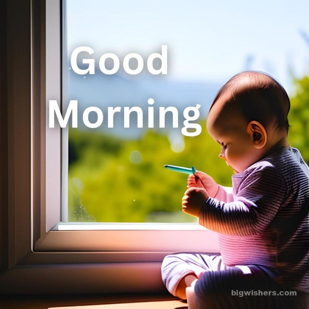 Cute baby infront of windows playing and written good morning