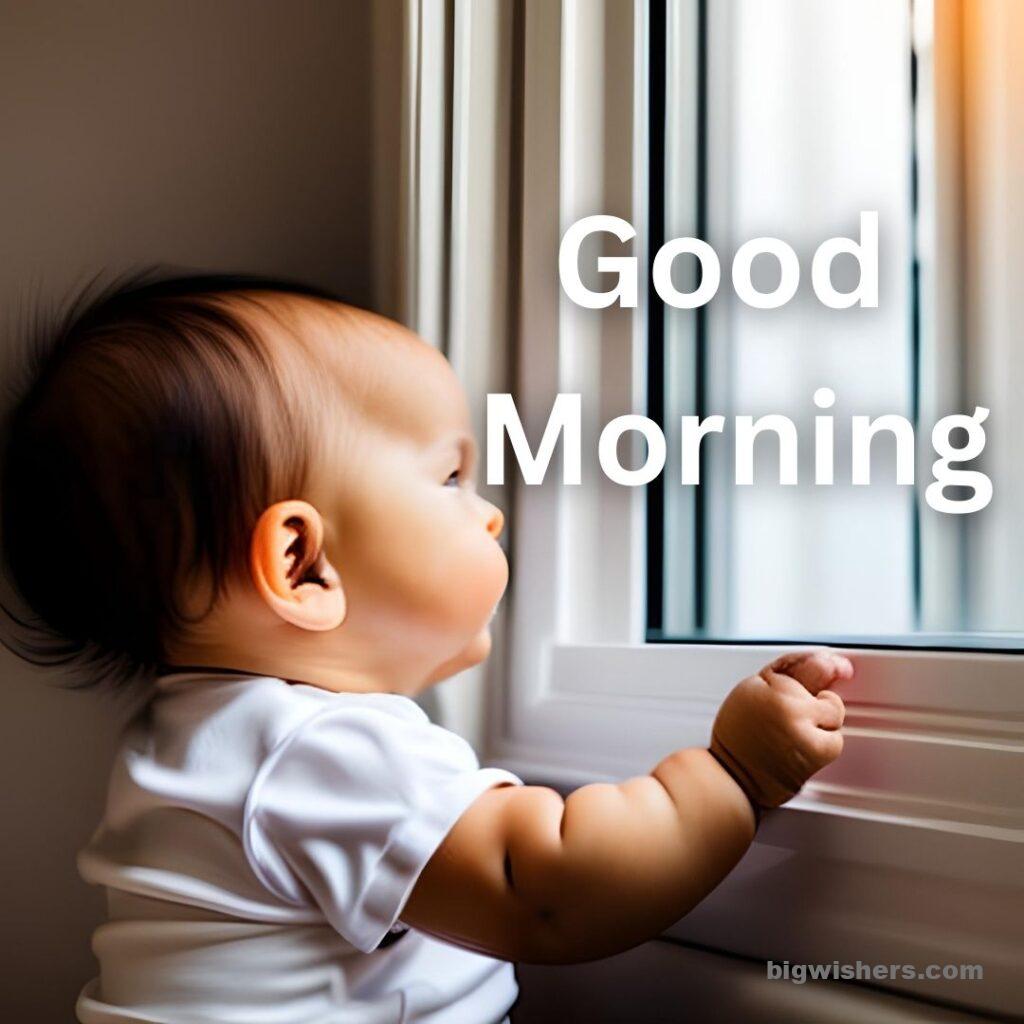 Cute baby infront of windows looking outside and written good morning