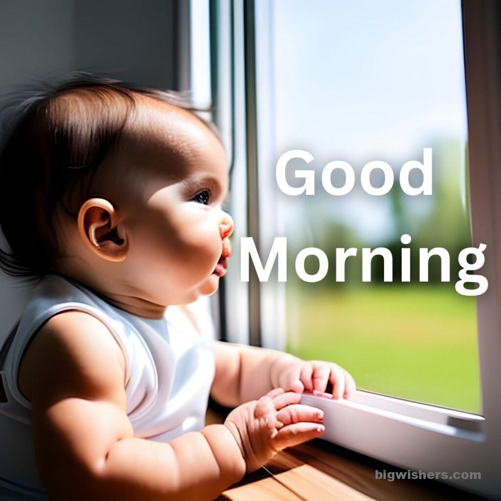 Cute baby looking outside and written good morning