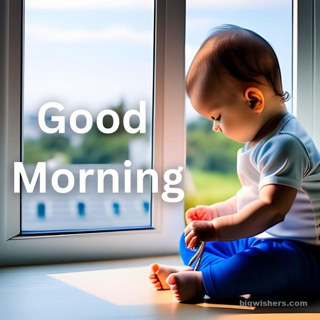 Cute baby playing and written good morning