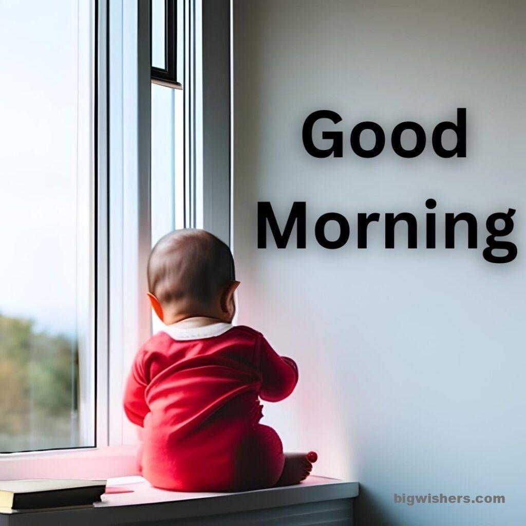 Baby with red shirt playing written good morning