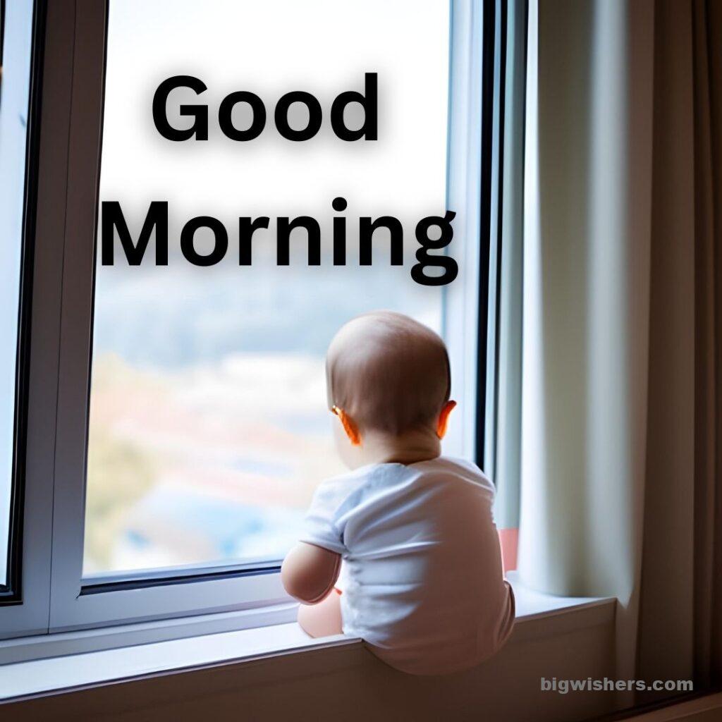 Cute baby look outside through windows written good morning