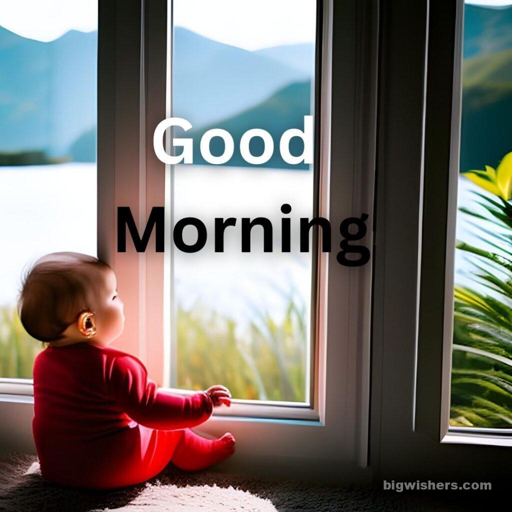 Cute baby red shirt look outside through windows written good morning