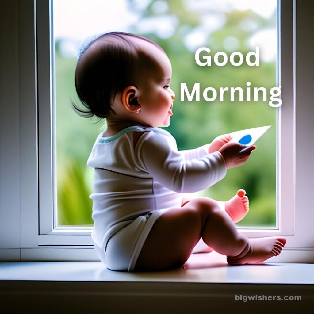 Cute baby with white shirt written good morning