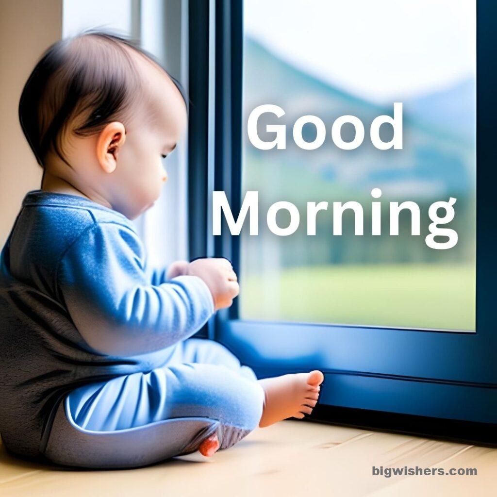 Cute baby with blue shirt written good morning
