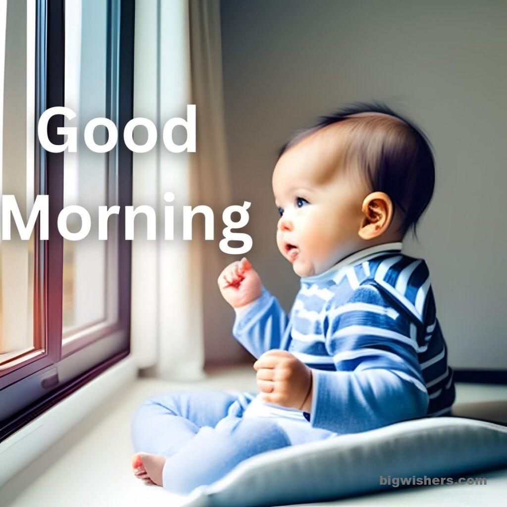 Cute baby with blue shirt written good morning