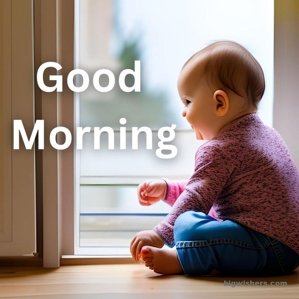 Cute baby with red shirt written good morning