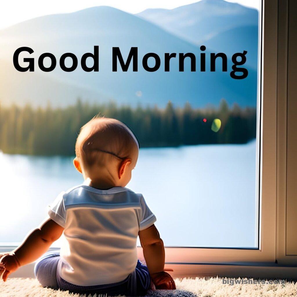 Cute baby sitting infront of windows with written good morning
