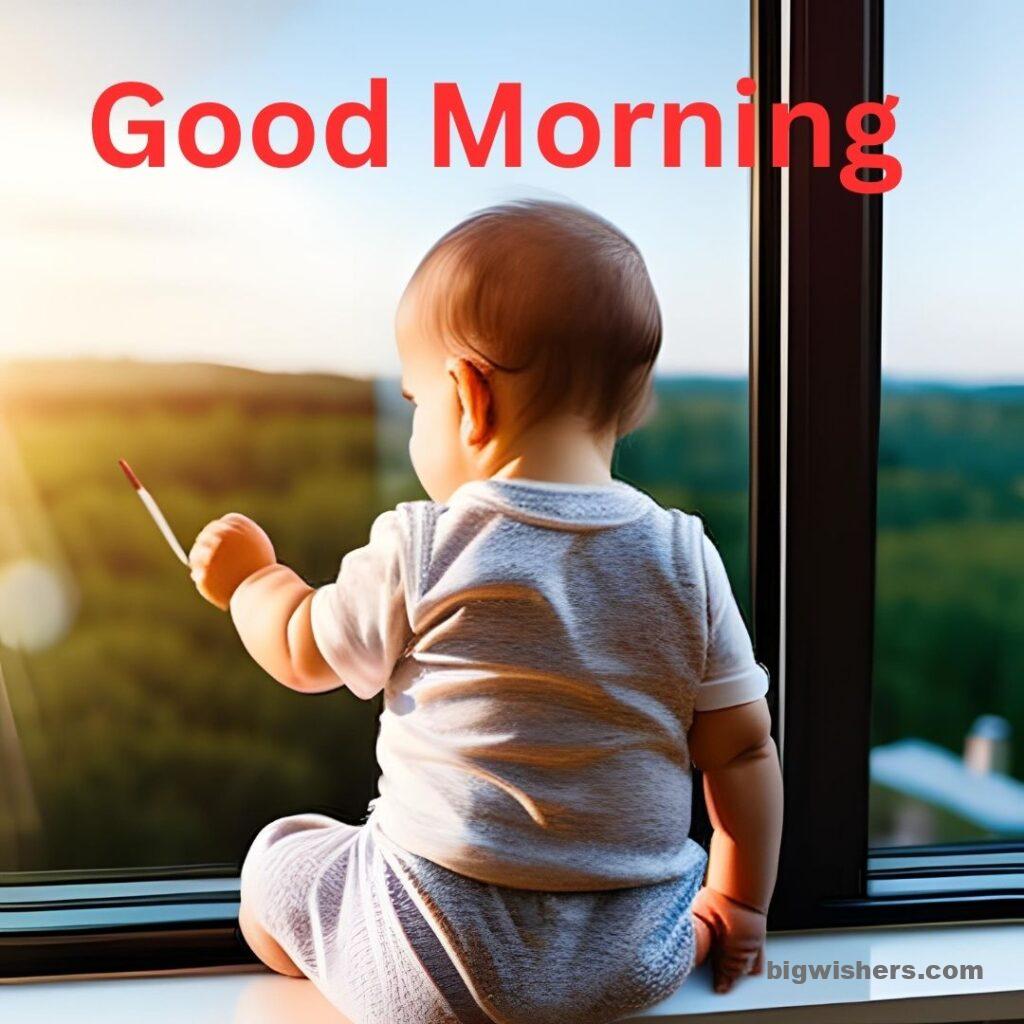 Cute baby sitting infront of windows look outside with written good morning